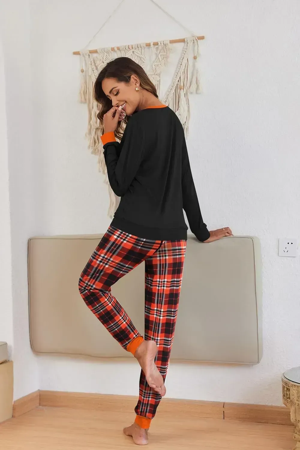 Women's Pajamas Sets Long Sleeve with Plaid Pants Soft Sleepwear O Neck 2 Piece Pjs Joggers Loung Set with Pockets