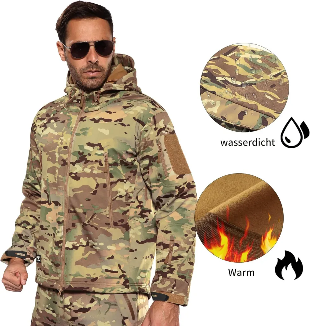 Men's Outdoor Waterproof Soft Shell Hooded Military Tactical Jacket