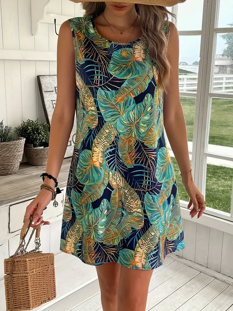 Tropical Leaf Print Sleeveless Tank Dress, Elegant Crew Neck A-line Tank Dress For Spring & Summer, Women's Clothing