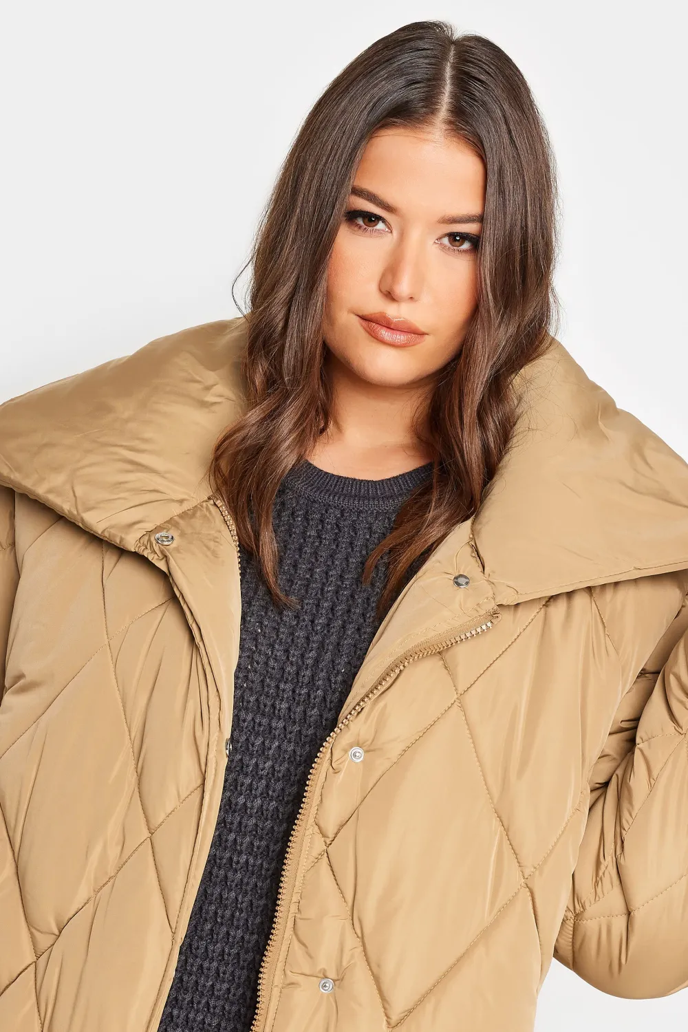 YOURS Curve Beige Brown Quilted Puffer Coat