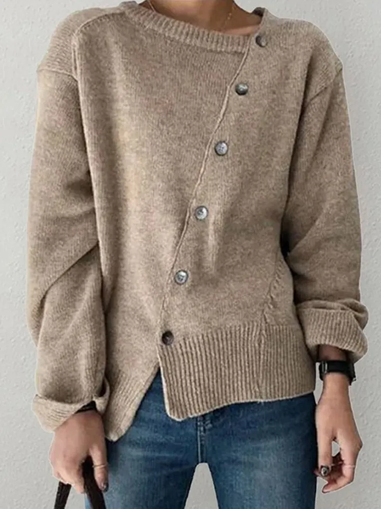 Loose Casual Solid Color Buttoned Sweater