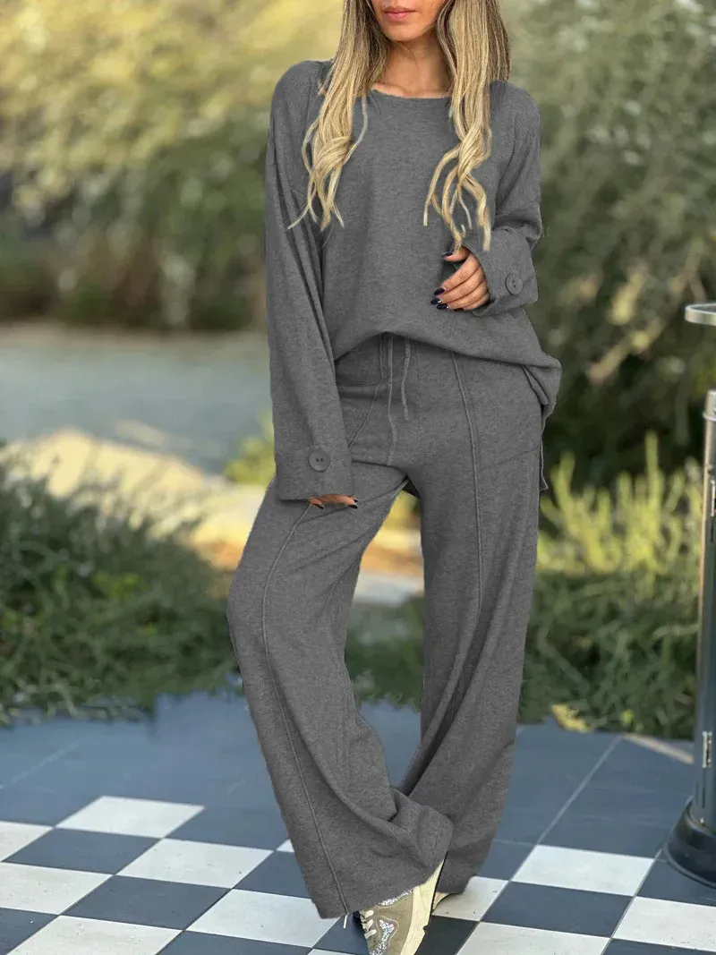 Womens 2 Piece Lounge Set Fall Long Sleeve Pullover Tops And Long Wide Leg Pants Tracksuit Sweater Lounge Sets