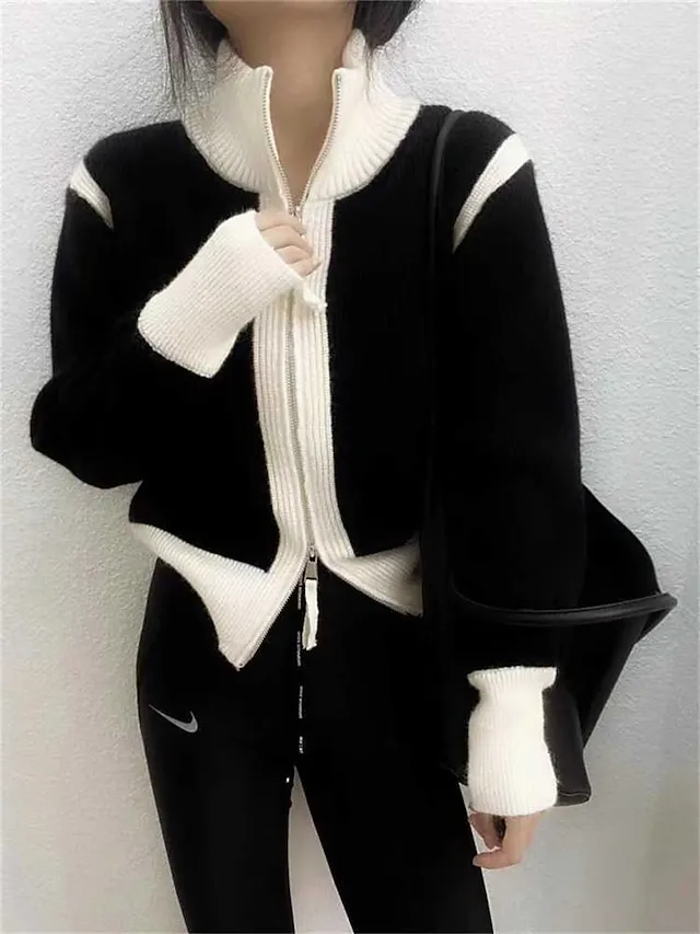 Women's Cardigan Sweater Jumper Ribbed Knit Regular Patchwork Zipper Color Block Stand Collar Stylish Casual Outdoor Daily Fall Winter Black White S M L