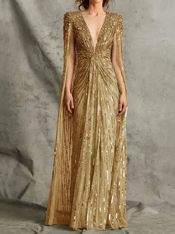 Deep V Beading Cape Sleeve Dress
