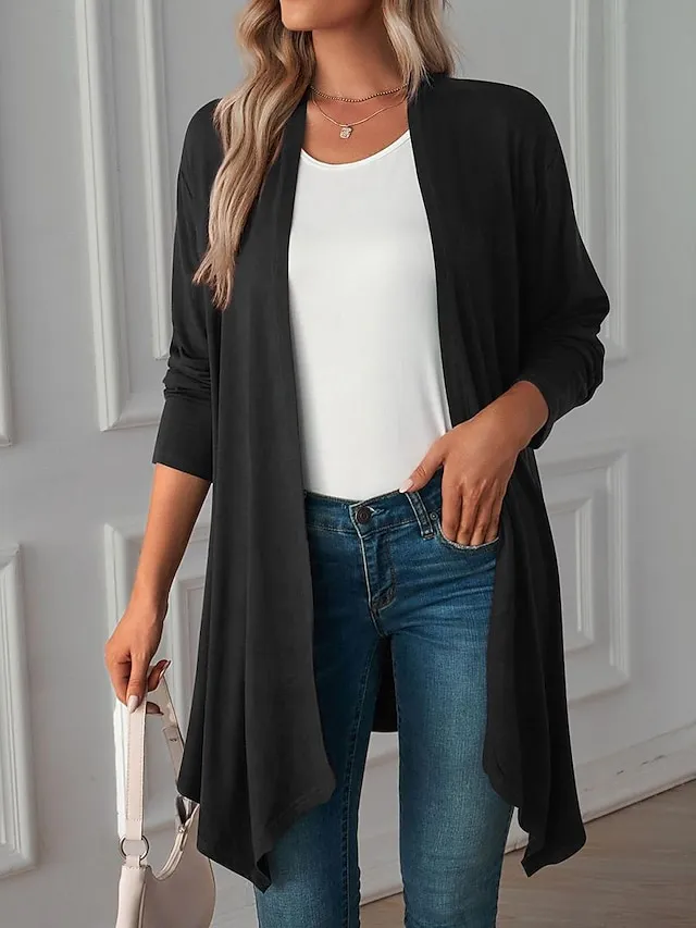 Women's Cardigan Crew Neck Knit Asymmetric Hem Spring Fall Daily Casual Long Sleeve Solid Color Plain Black Wine