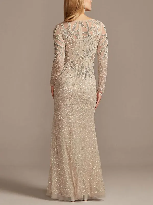 Beaded Scoopneck Illusion Long Sleeve Sheath Dress