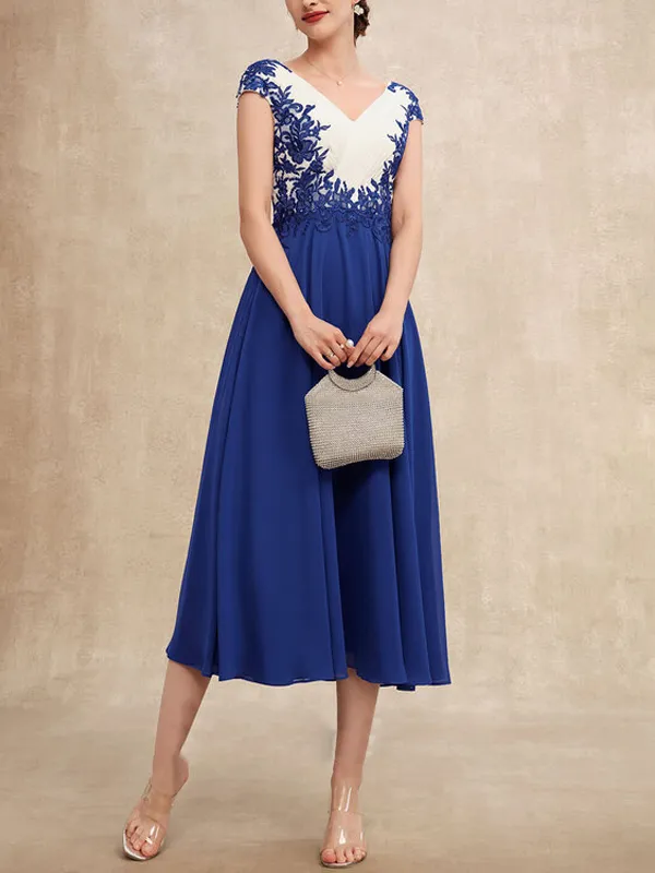 V Neck Chiffon Lace Midi Dress