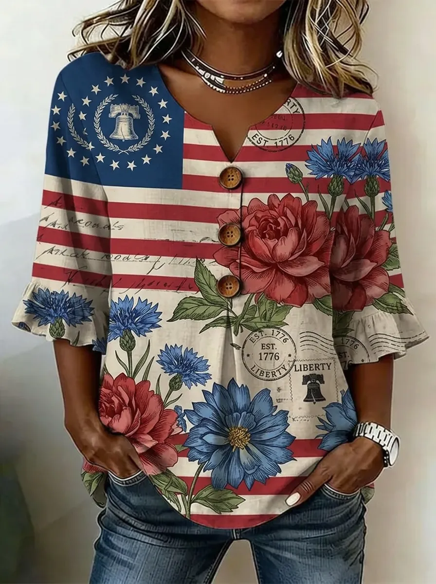 Women's Nashville Patriotic Floral Liberty Bell Printed V-neck Top