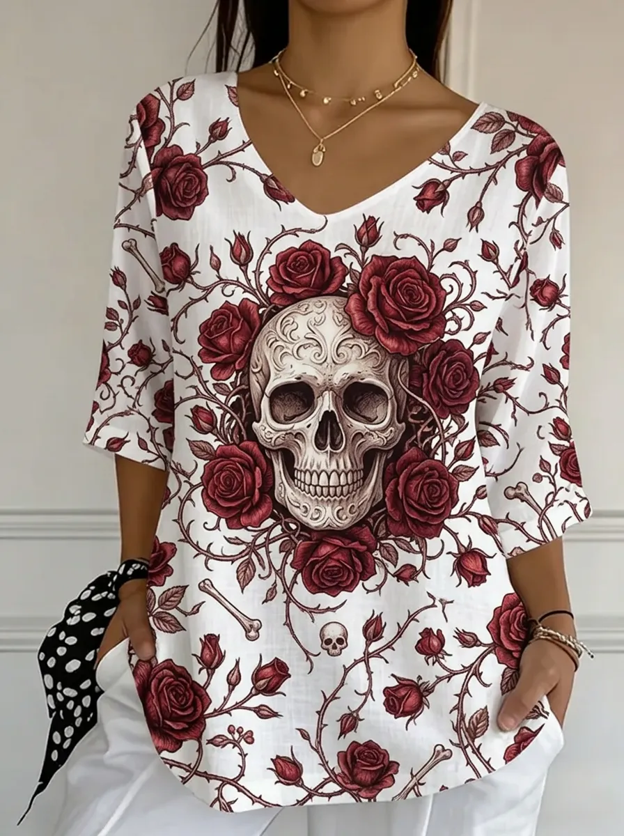 Women's Nashville Gothic Skull Rose Printed V-neck Top