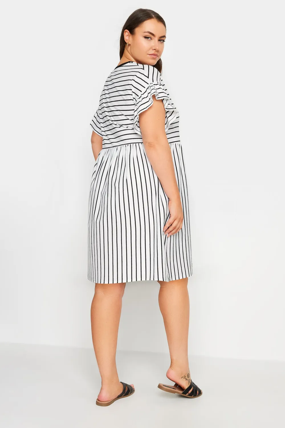 YOURS Curve Black & White Stripe Frill Sleeve Smock Tunic Dress