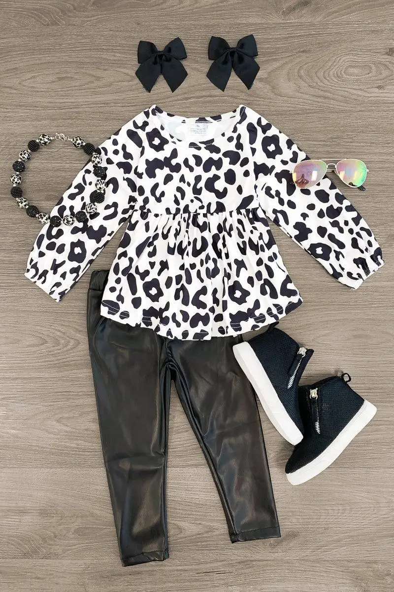 White Cheetah Leather Pant Set