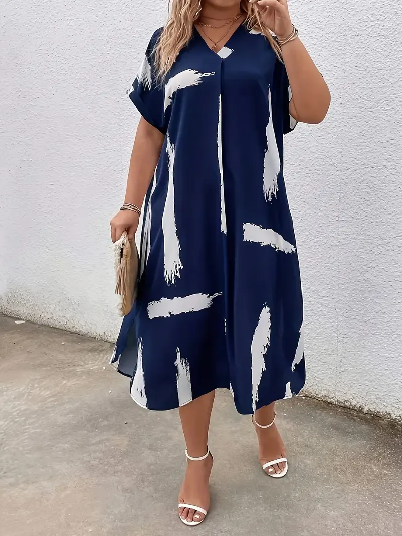 Women's Plus Size Brush Print Dress - Elegant Short Sleeve V Neck Dress For Spring & Summer - Suitable for Casual & Party Occasions - For Women
