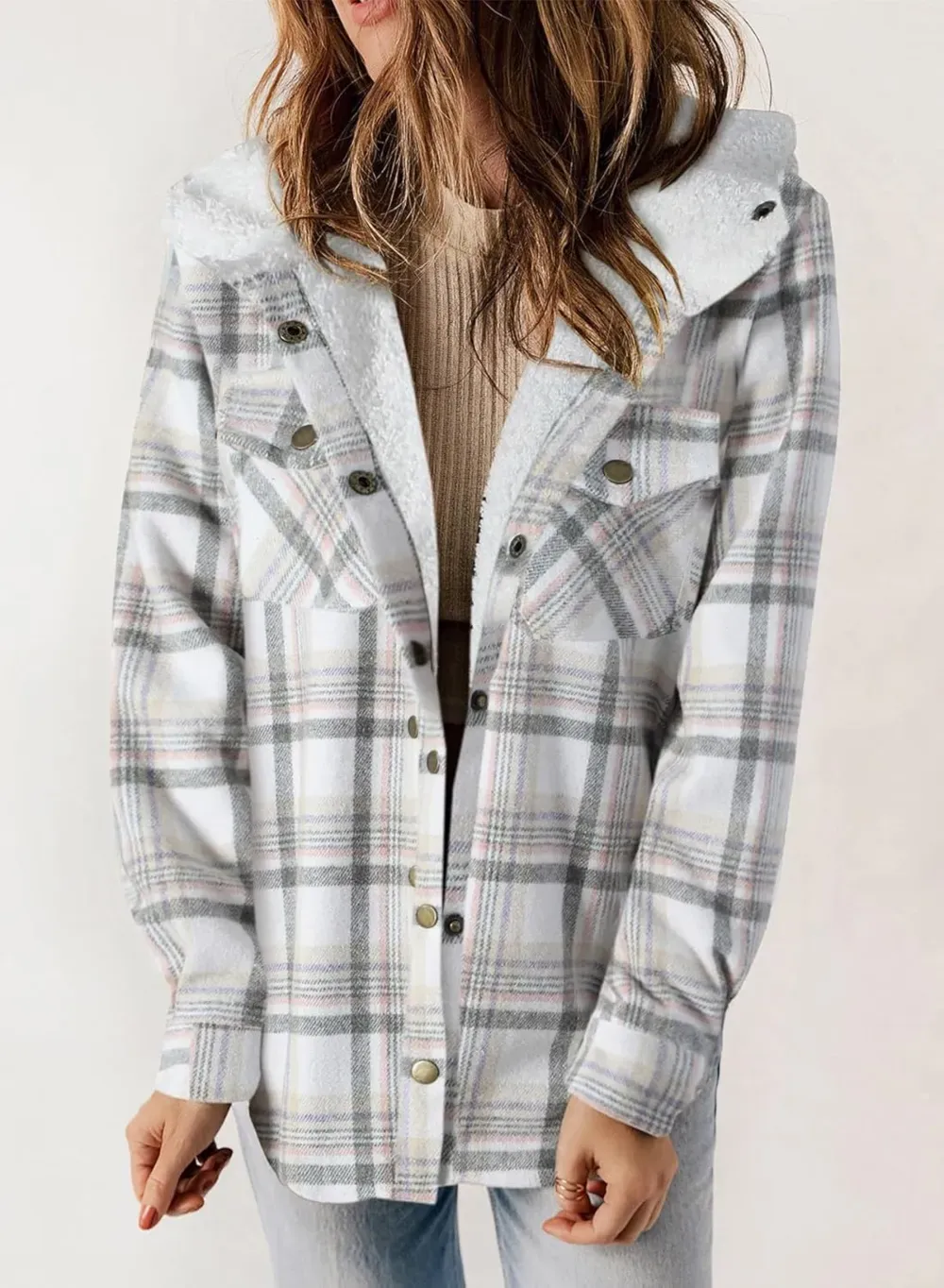 Womens Plaid Shacket Jacket Long Sleeve Button Down Fleece Hooded Jackets Warm Coat