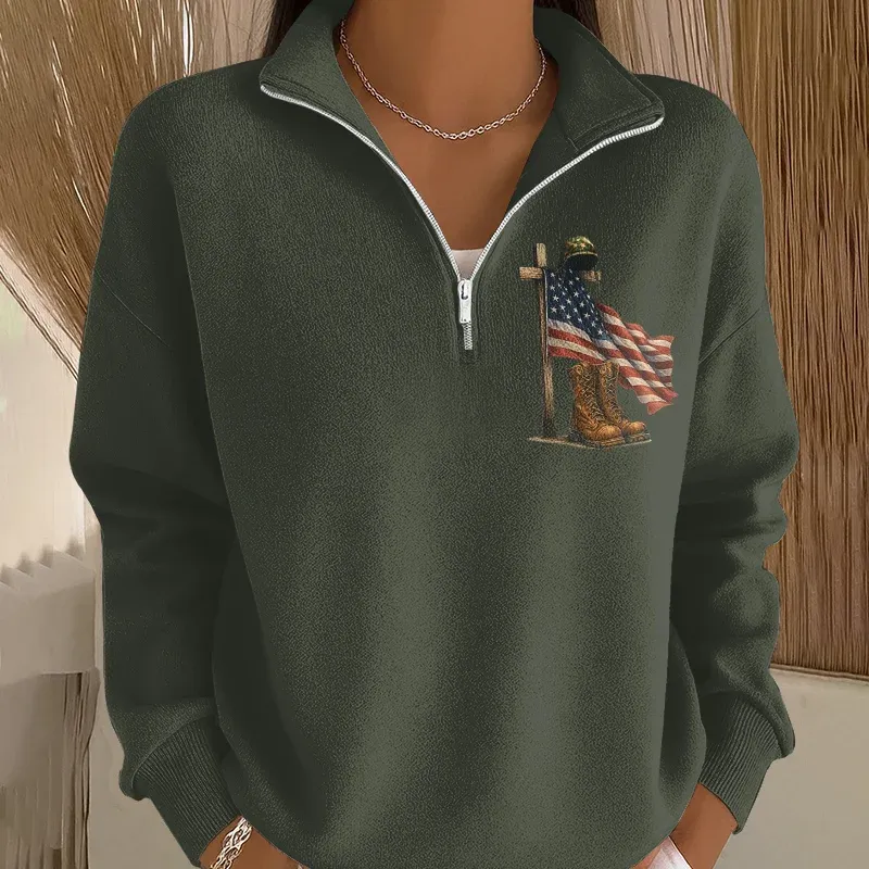 Women's Veteran Art Print Casual Zip-Up Sweatshirt