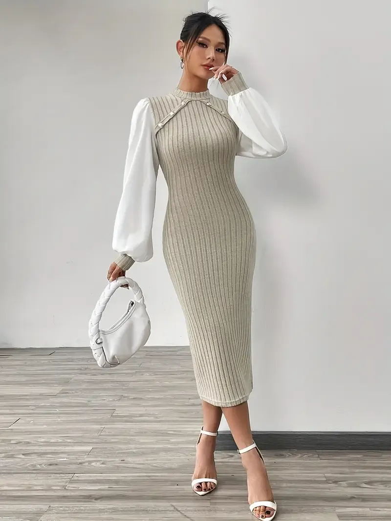 Elegant Women's Midi Dress with Ribbed Detail - Chic Mock Neck, Long Sleeve, Stretchy Pencil Skirt Style in Beige and White - Machine Washable for Spring & Autumn