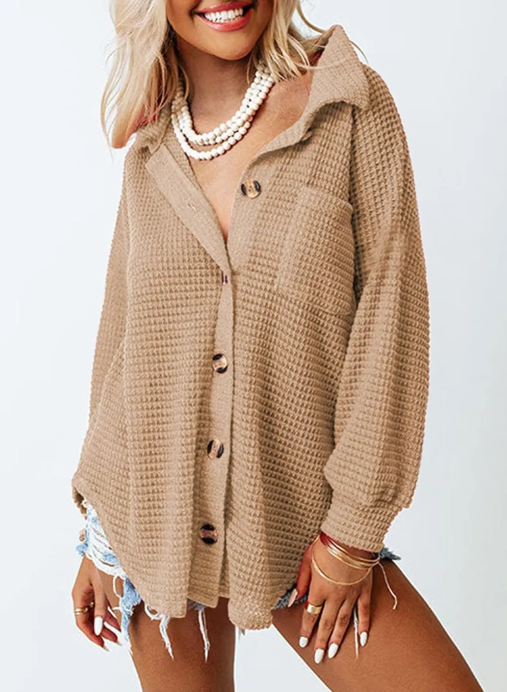 Womens Waffle Knit Button Down Shirts Casual Long Sleeve Shacket Jacket Boyfriend Tops Blouses Loose Fit