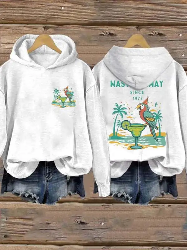 Retro Parrot Margarita Wasting Away Since 1977 Print Hoodie