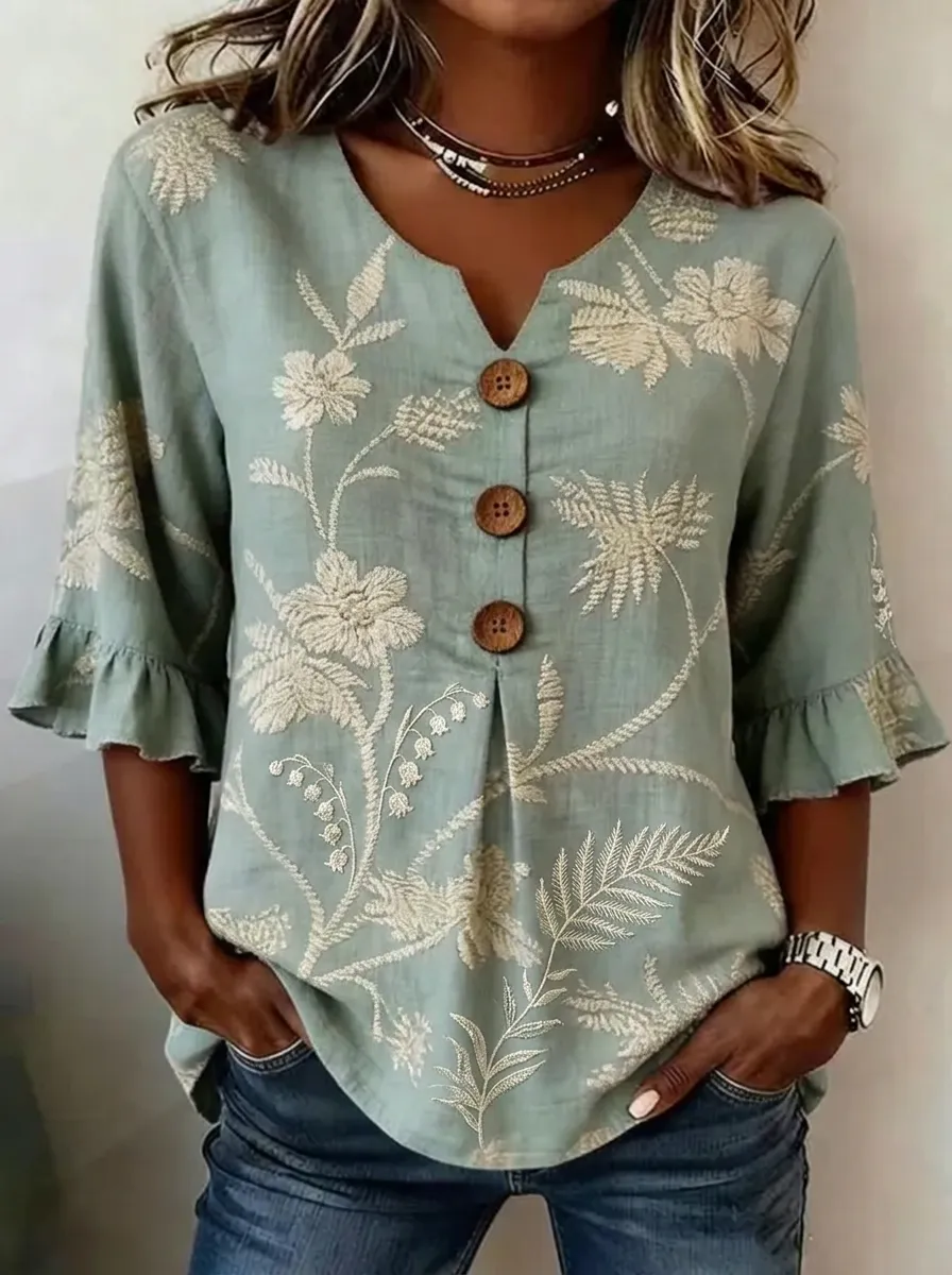 Women's Nashville Floral Embroidered Button-Down Ruffle Sleeve Top