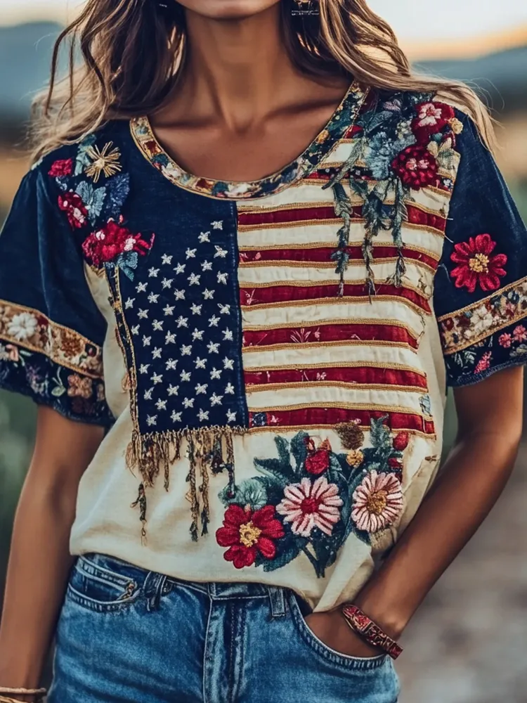 Women's Vintage Independence Day Flag Floral Embroidery Print Round Neck T-shirt