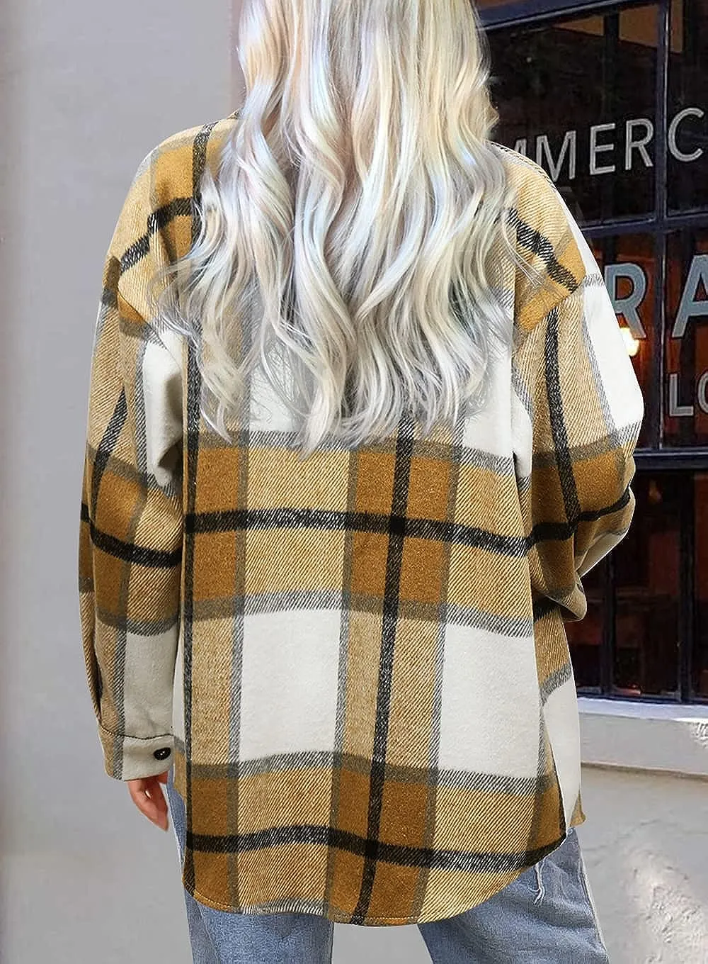 Women's Flannel Plaid Shacket Long Sleeve Button Down Chest Pocketed Shirts Jacket Coats