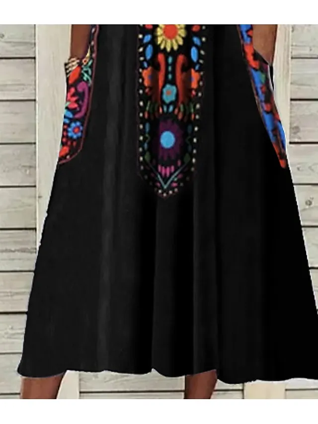 Women's Casual Dress Ethnic Dress Shift Dress Midi Dress Black Half Sleeve Floral Pocket Fall Spring Summer V Neck Vintage Birthday Daily Date 2023 S M L XL XXL 3XL