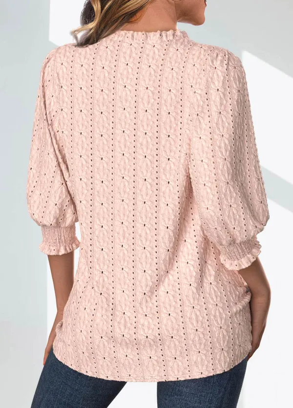 Light Pink Textured Fabric 3/4 Sleeve Split Neck Blouse