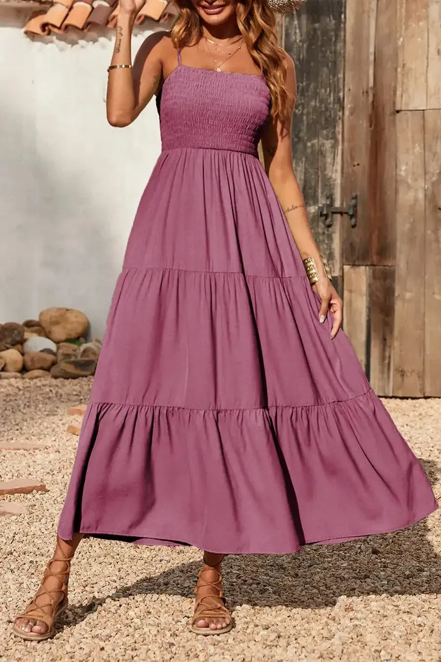 Sleeveless Spaghetti Strap Smocked Tiered Maxi Dress