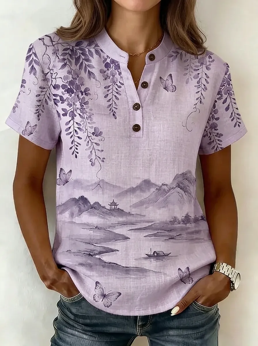 Women's Nashville Landscape Butterfly Printed Henley Shirt