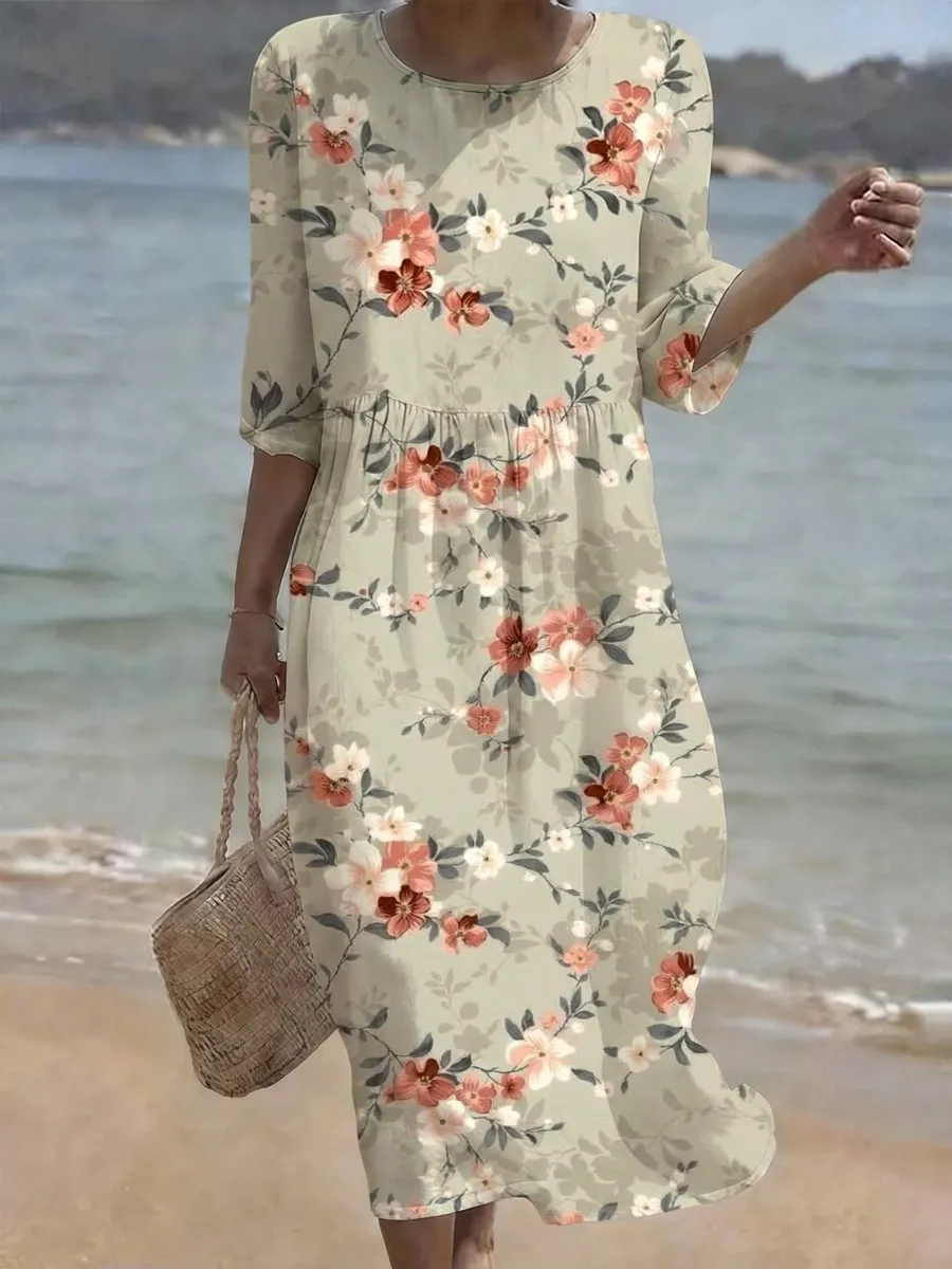 Women's Casual Retro Floral Round Neck Half Sleeved Dress