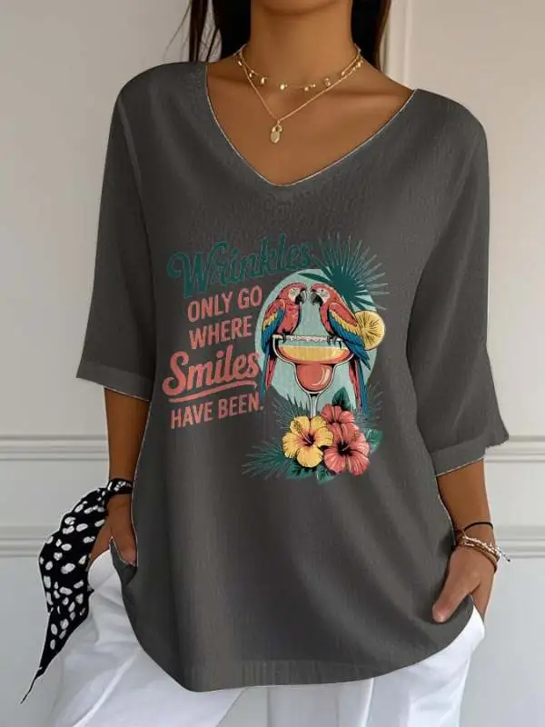 Women's Retro Wrinkles Only Go Where Smiles Have Been Print Mid Sleeve T-Shirt