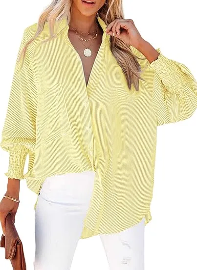 Womens Smocked Cuffed Striped Boyfriend Shirt Casual Collar Long Sleeve Oversized Button Down Blouse Tops with Pocket Shirred
