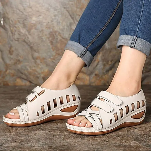 Women's Sandals Comfort Shoes Plus Size Barefoot Sandals Daily Summer Cut Out Wedge Heel Peep Toe Elegant Casual Faux Leather Magic Tape White Dark Green Brown