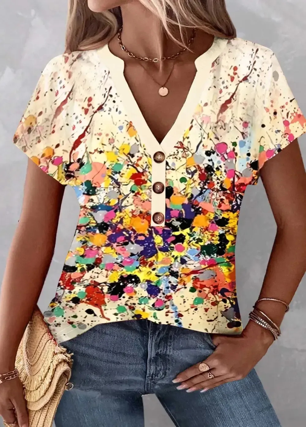 Multi Color Patchwork Dazzle Colorful Print T Shirt