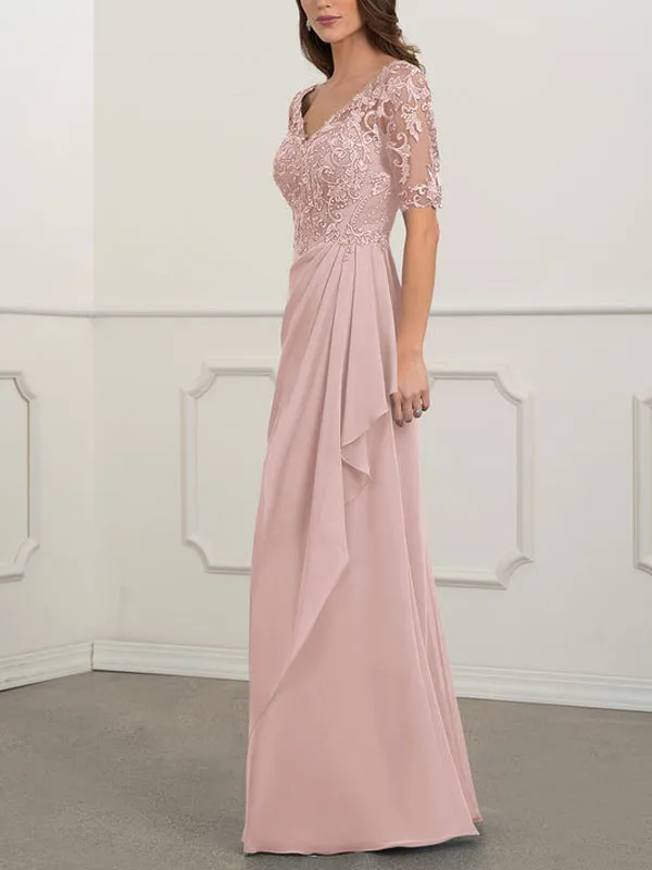 Floor-to-ceiling chiffon lace back zip bridal mom dress