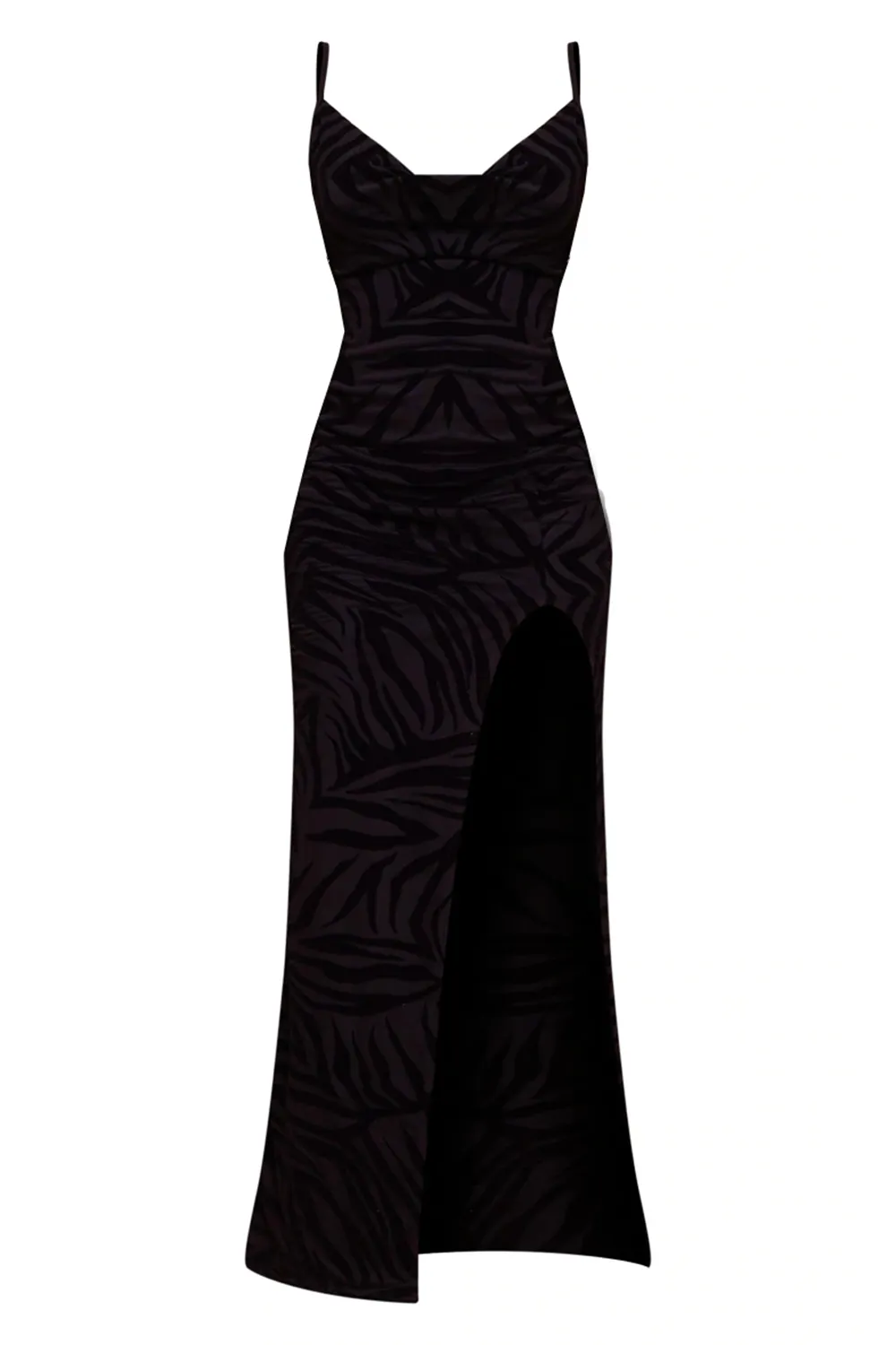 Red Zebra Flocked Mesh Strappy Cowl Maxi Dress