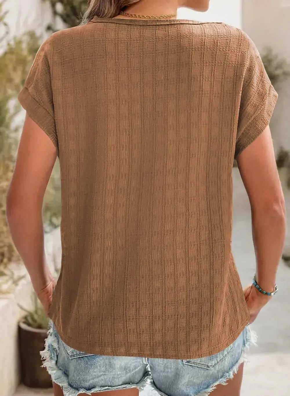 Dokotoo Tops for Women Trendy Summer Casual Cap Short Sleeve Basic Textured Solid Color Round Neck T Shirts Blouse