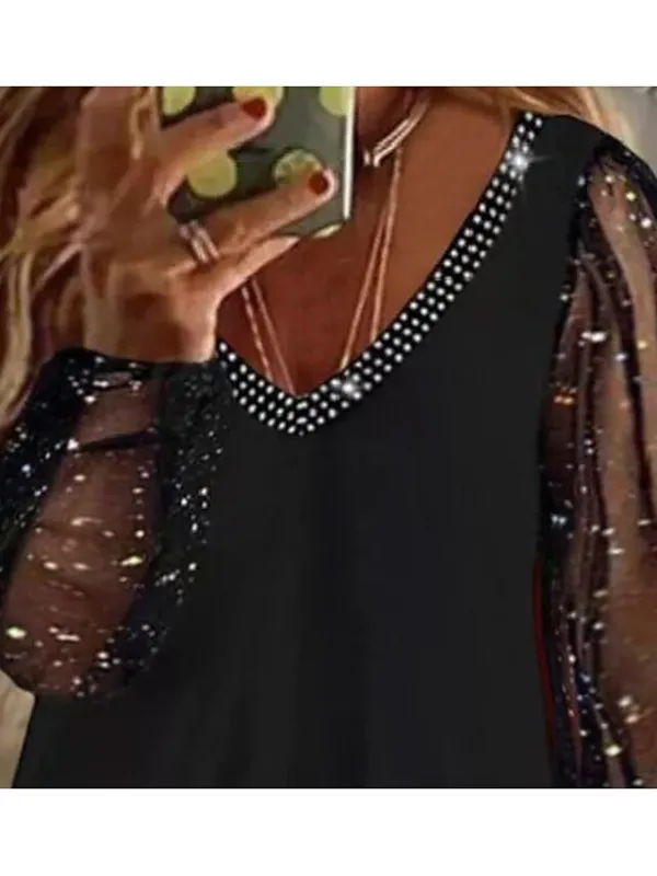 Women's Plus Size Going Out Tops Blouse Concert Tops Black Wine Dark Blue Plain Sparkly Mesh Rhinestone Long Sleeve Daily Date Vacation Vintage Fashion Elegant V Neck Regular Fit Spring Fall