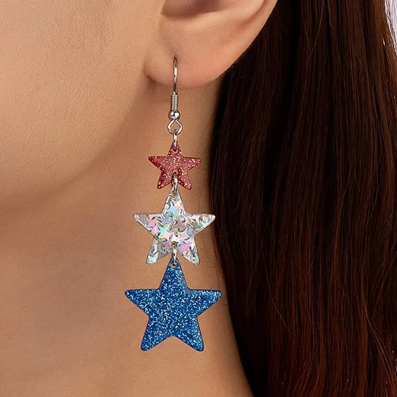 American Independence Day Five-pointed Star Three-color Stitching Glitter Simple Earrings
