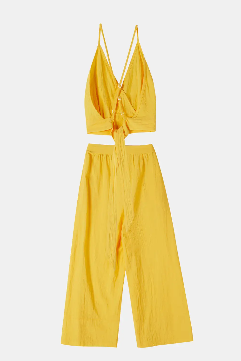 Spaghetti Strap Camisole Crop Top Casual Wide Leg Long Pants Linen Set