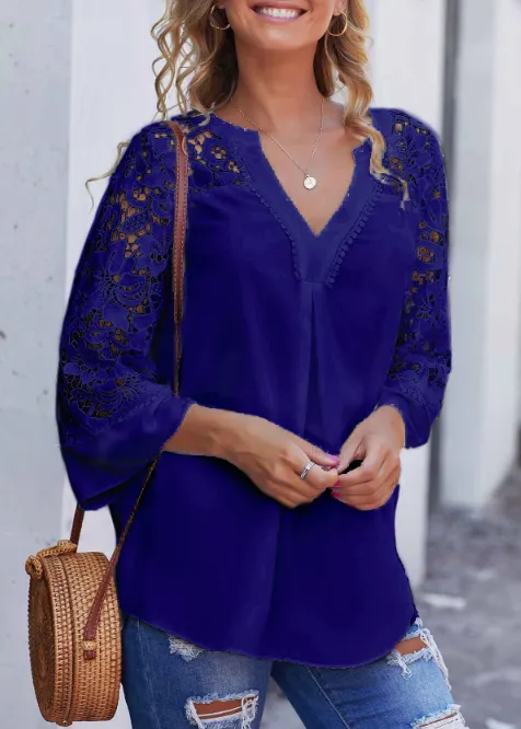 Lace Panel Side Slit Split Neck Blouse