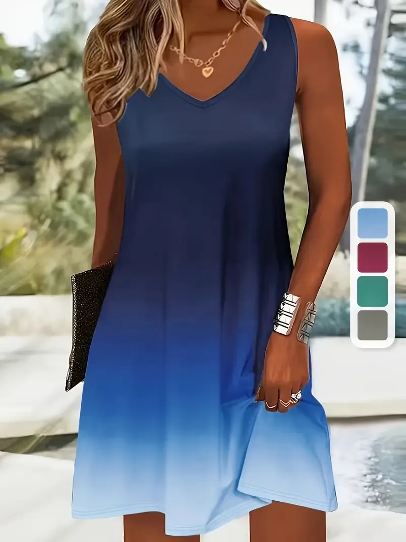 Holiday Cheer, Elegant Gradient Sleeveless Midi Dress for Women - Casual V-Neck, Polyester and Spandex Blend, Perfect for All Seasons, Machine Washable