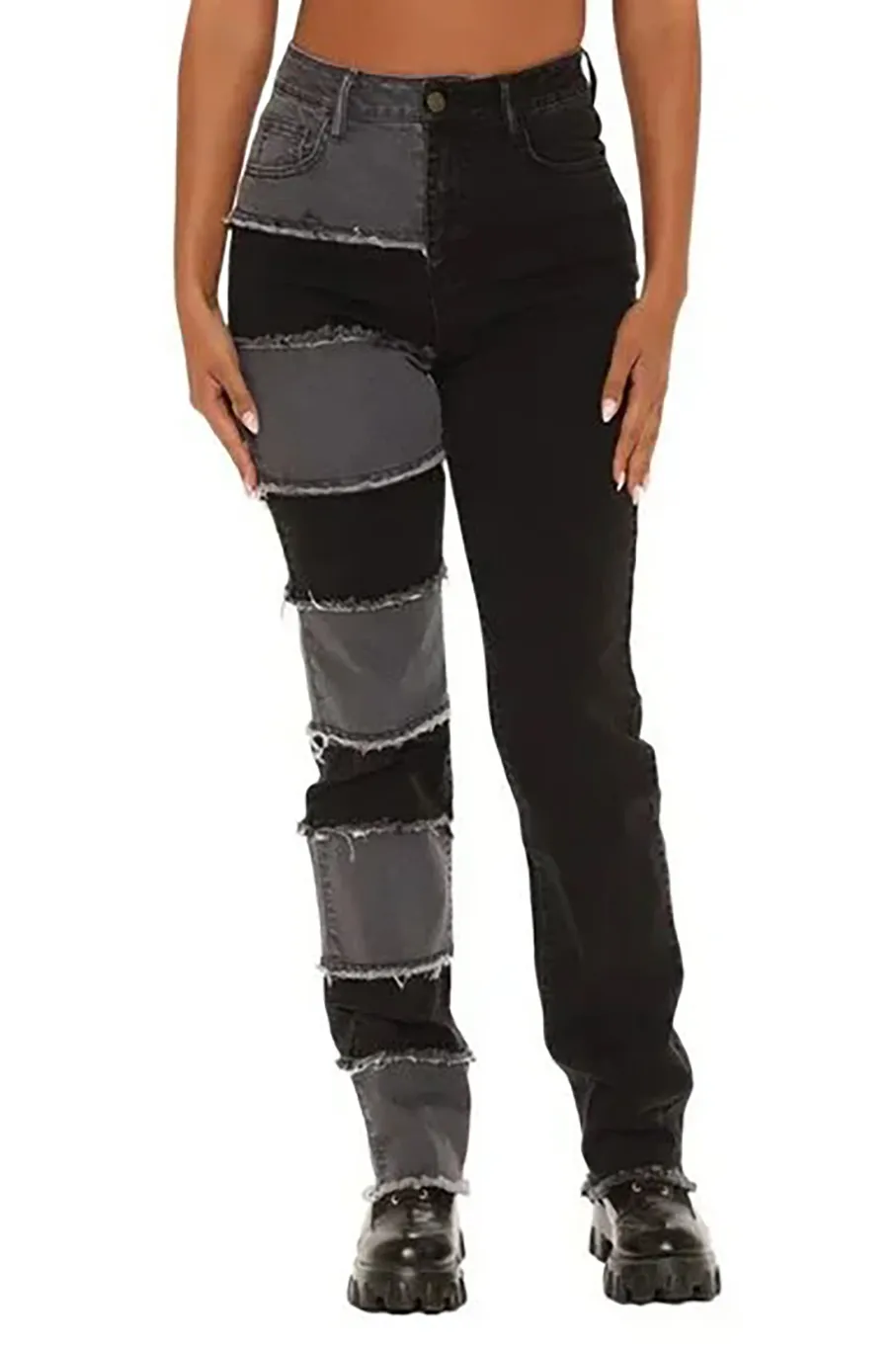 Breaking Barriers Patchwork Straight Leg Jeans - Black/Grey