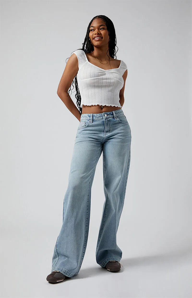 PacSun Casey Bow Embroidery Low Rise Baggy Jeans Light Indigo
