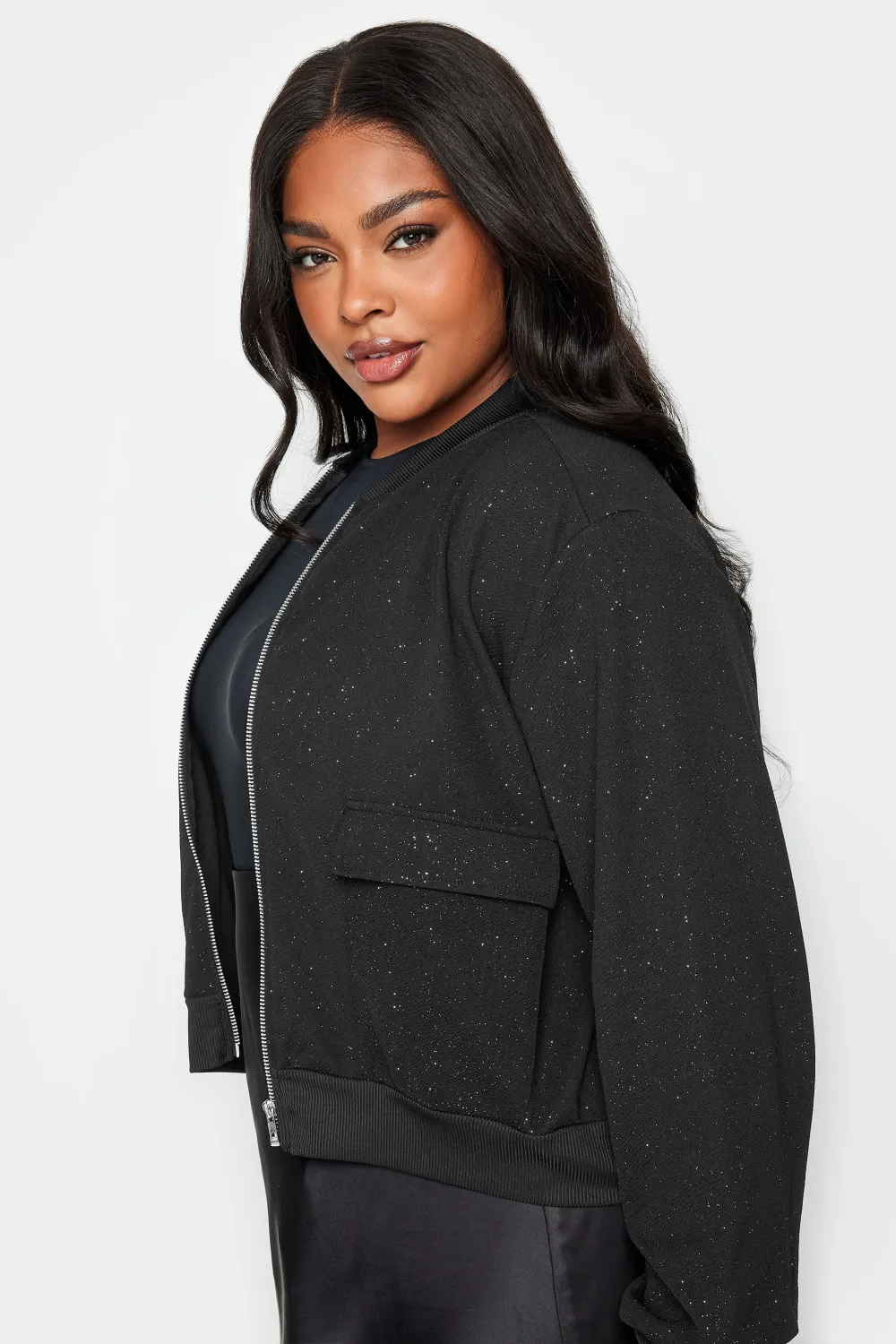 YOURS Curve Black Glitter Formal Bomber Jacket