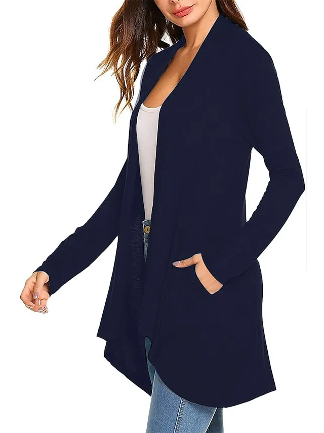 Women's Cardigan Sweater Open Front Ribbed Knit Knit Pocket Summer Fall Outdoor Daily Weekend Stylish Casual Soft Long Sleeve Solid Color Black White Wine S M L