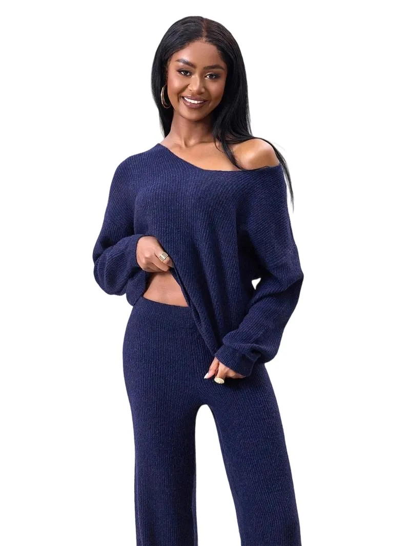 Two-piece Set Women's Solid Color Drop Shoulder Sweater & Pants