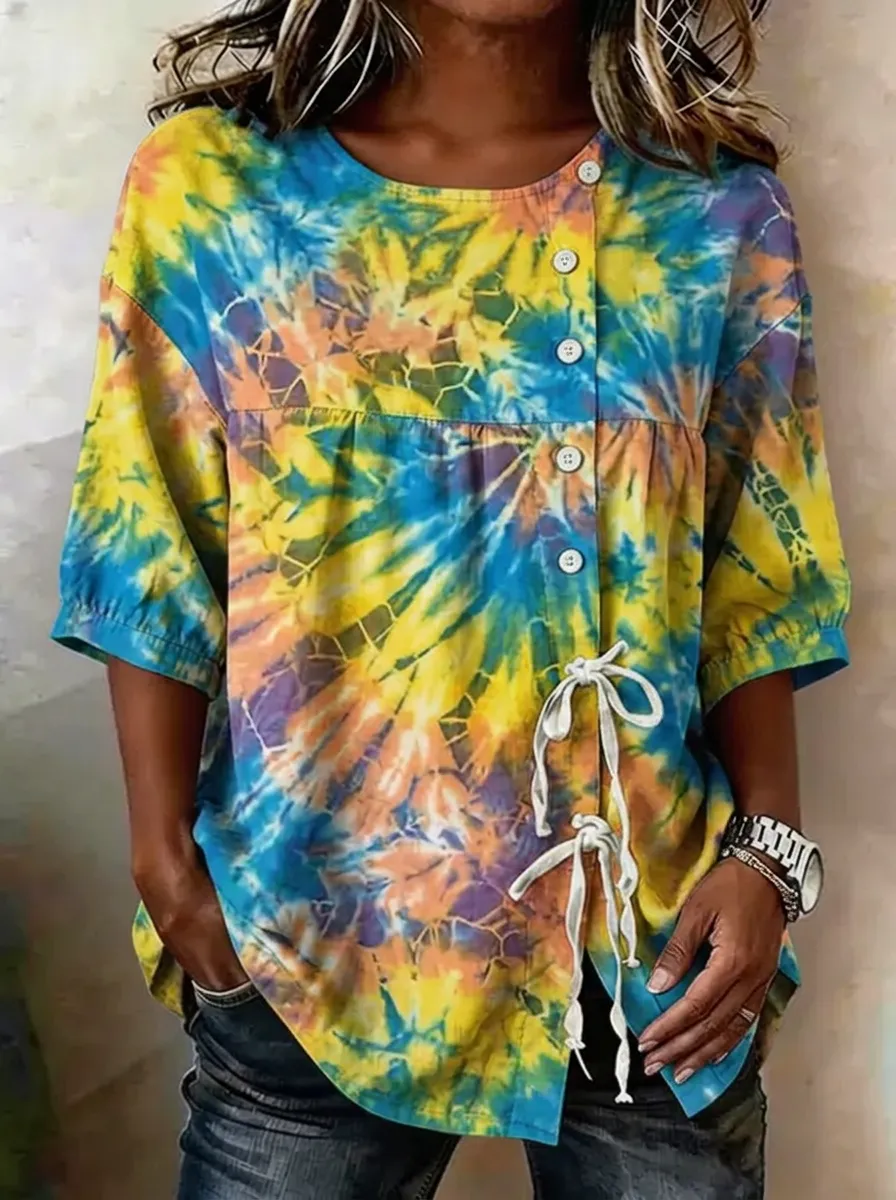 Women's Nashville Music Tie-Dye Printed Button-Down Top