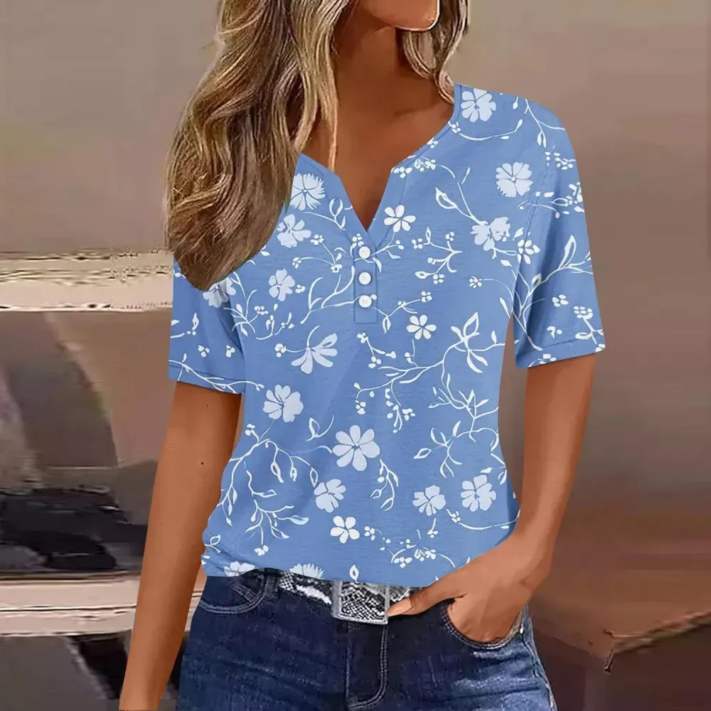 Shirts for Women Casual Printed Summer Tops Short-Sleeved Button V-Neck Tops Blouse Fashion Boho T-Shirts