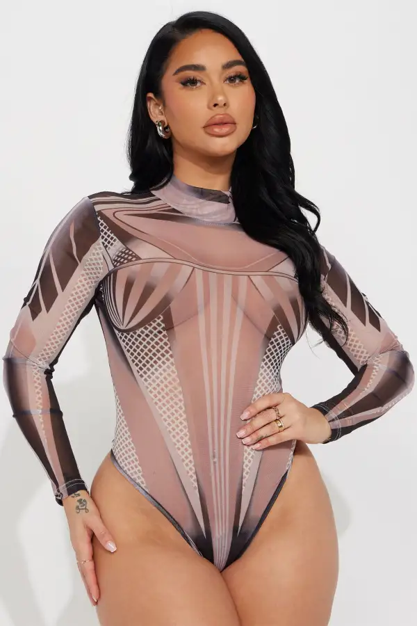 Don't Stop Me Now Mesh Bodysuit - Taupe/combo