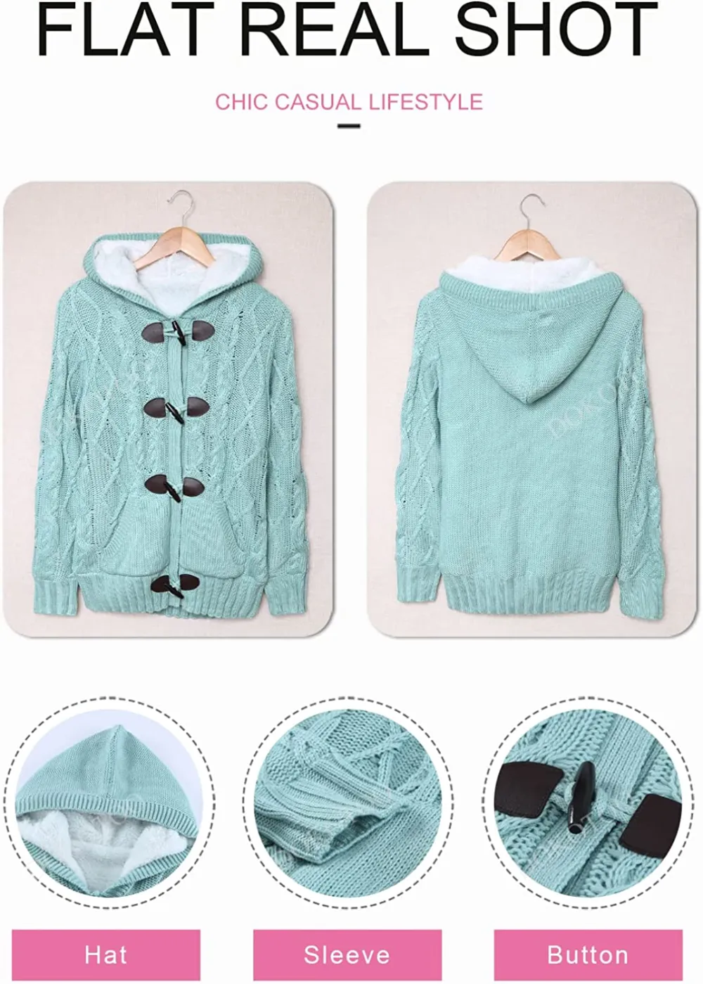 Womens Hooded Cardigans Button Up Cable Knit Sweater Coat Outerwear with Pockets